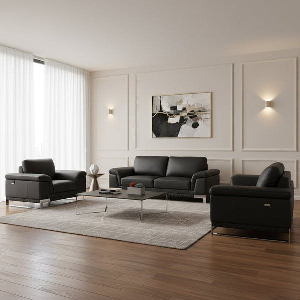 HomeRoots Three Piece Indoor Black Italian Leather Seating Set for Six - Luxurious Comfort & Style Redefined 329612
