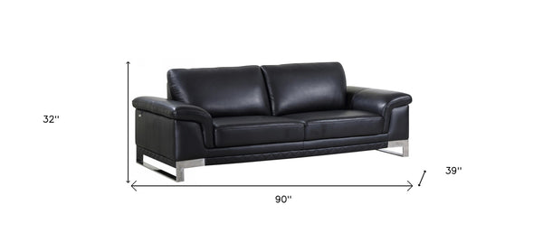 Homeroots 90" Black Italian Leather Sofa With Silver Legs Black  329613