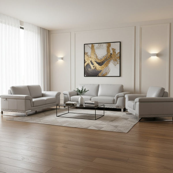 HomeRoots Three Piece Light Gray Italian Leather Seating Set for Six – Elegant Comfort & Modern Style! 329616