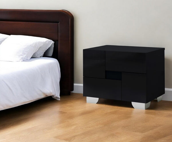 HomeRoots 18" Black Wood Nightstand with Mirrored Glass Accents – Chic Two-Drawer Bedside Storage Solution 329643