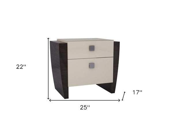 Homeroots 22" Beige And Dark Brown Two Drawer Wood Mirrored Nightstand With Storage   329657