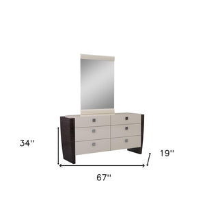 HomeRoots 22" Elegant Beige and Dark Brown Mirrored Nightstand with Two Drawers for Stylish Storage Solutions 6 329659