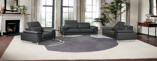 Homeroots Three Piece Indoor Dark Gray Italian Leather Six Person Seating Set Dark Grey  329677