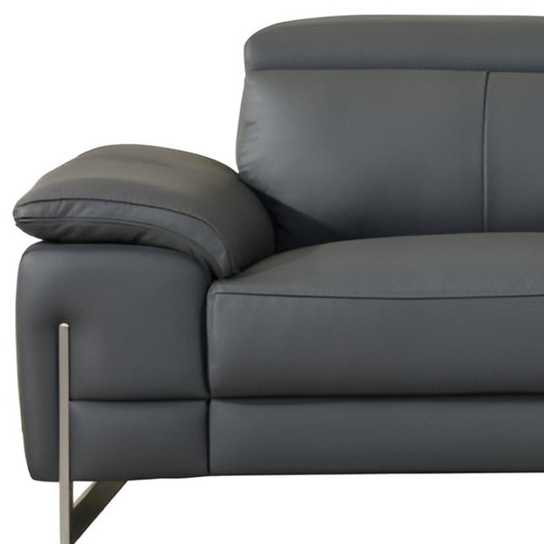 HomeRoots 87" Italian Leather Sofa - Luxurious Comfort with Polished Silver Legs for Modern Living Rooms DARK GRAY 329680