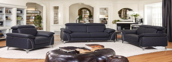 Homeroots Three Piece Indoor Blue Italian Leather Six Person Seating Set Navy Blue  329689