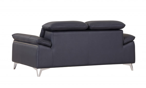 Homeroots 71" Navy Blue And Silver Genuine Leather Loveseat Navy Blue  329691