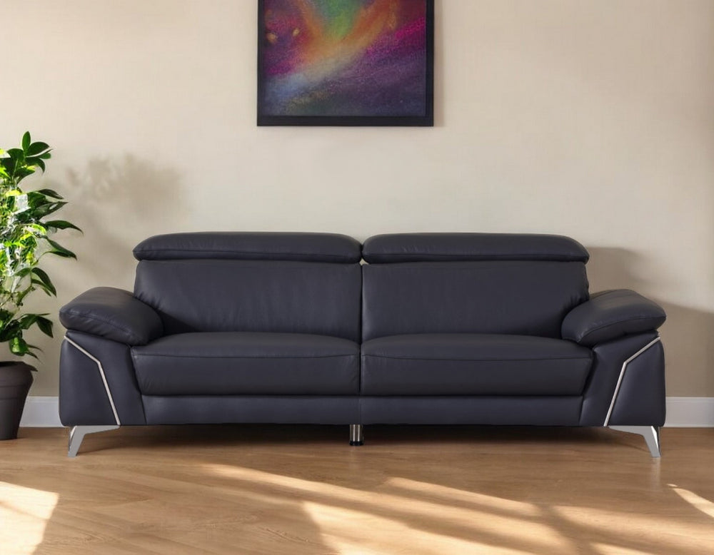 Homeroots 87" Blue Italian Leather Sofa With Silver Legs Navy Blue  329692