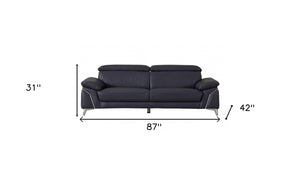 Homeroots 87" Blue Italian Leather Sofa With Silver Legs Navy Blue  329692