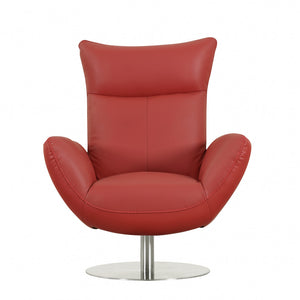 Homeroots 37" Red And Silver Genuine Leather Swivel Lounge Chair Red  329693