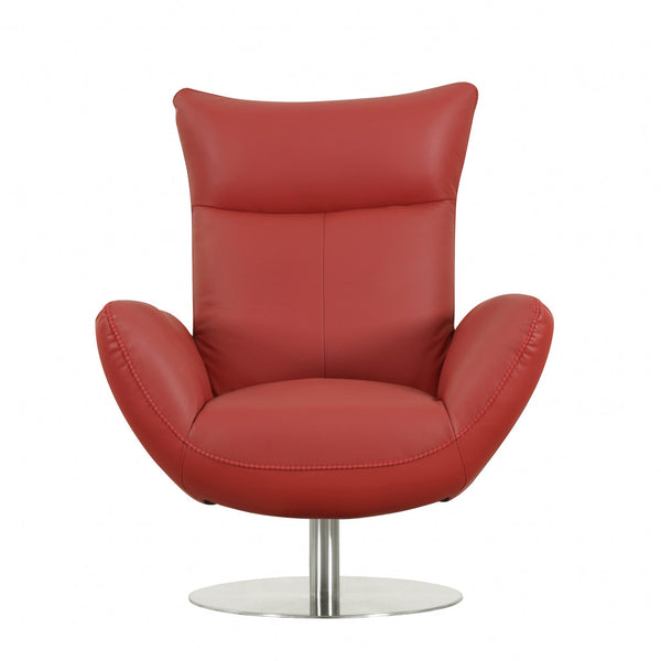 Homeroots 37" Red And Silver Genuine Leather Swivel Lounge Chair Red  329693