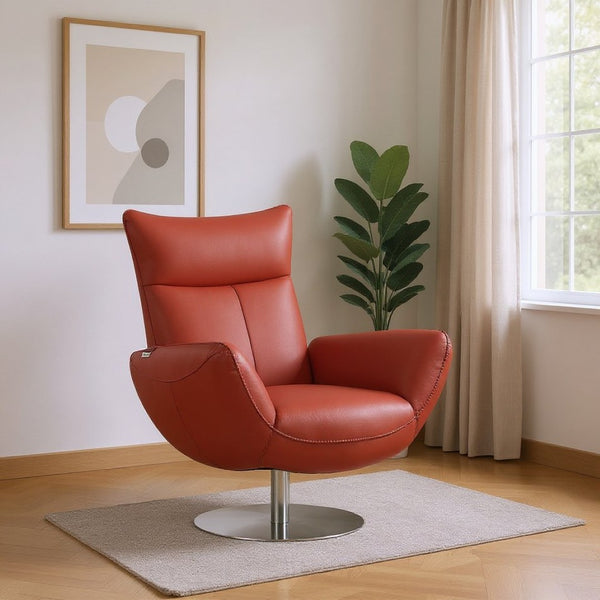 HomeRoots 37" Red Leather Swivel Lounge Chair with Silver Base – Luxurious Italian Design for Modern Living Spaces 329693