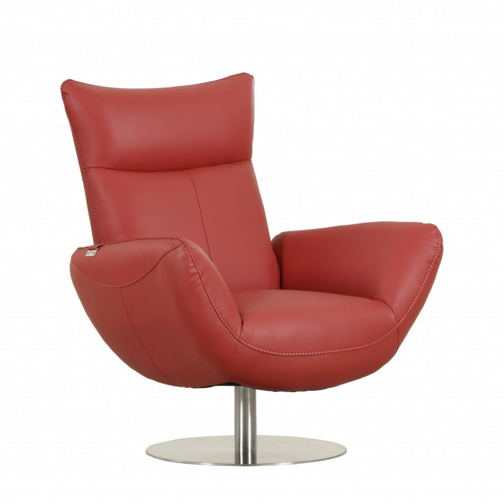 HomeRoots 37" Red Leather Swivel Lounge Chair with Silver Base – Luxurious Italian Design for Modern Living Spaces 329693