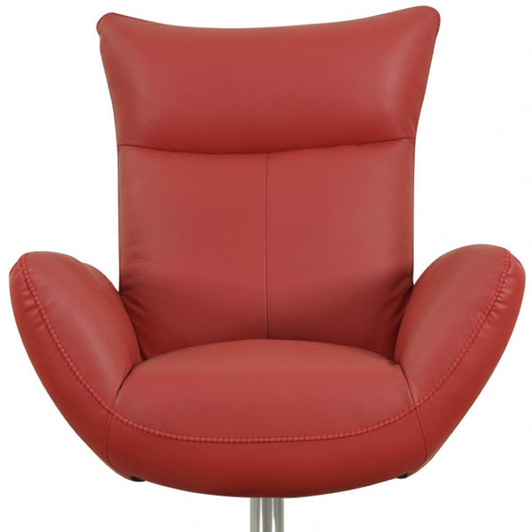 HomeRoots 37" Red Leather Swivel Lounge Chair with Silver Base – Luxurious Italian Design for Modern Living Spaces 329693