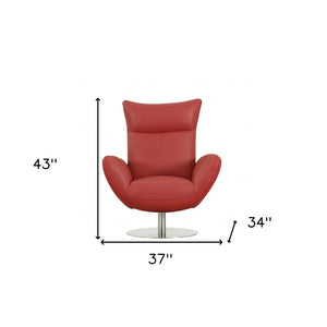 HomeRoots 37" Red Leather Swivel Lounge Chair with Silver Base – Luxurious Italian Design for Modern Living Spaces 329693