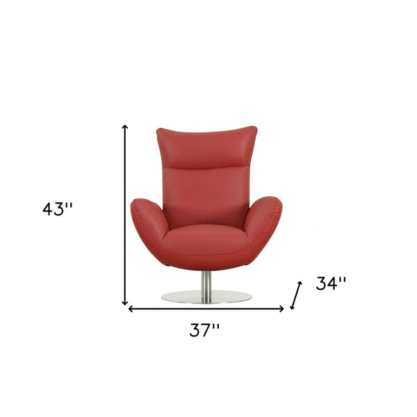 HomeRoots 37" Red Leather Swivel Lounge Chair with Silver Base – Luxurious Italian Design for Modern Living Spaces 329693