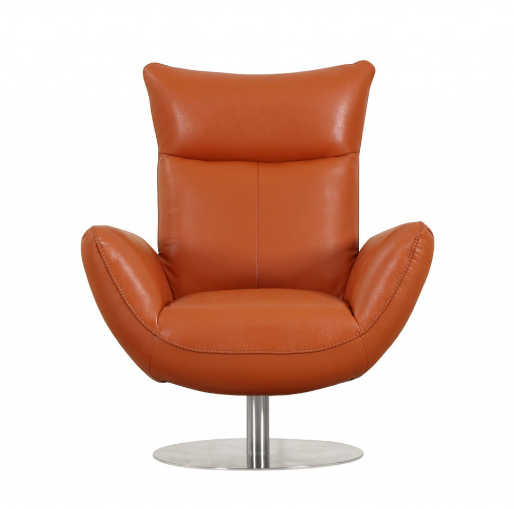 HomeRoots 37" Vibrant Orange Genuine Leather Lounge Chair with Sleek Silver Legs for Modern Living Spaces 329694