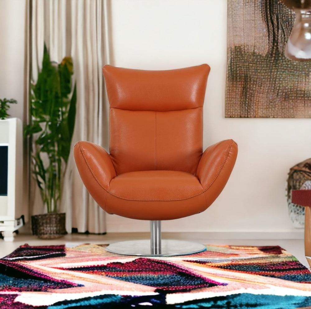HomeRoots 37" Vibrant Orange Genuine Leather Lounge Chair with Sleek Silver Legs for Modern Living Spaces 329694