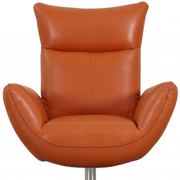 HomeRoots 37" Vibrant Orange Genuine Leather Lounge Chair with Sleek Silver Legs for Modern Living Spaces 329694