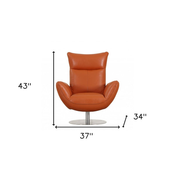 HomeRoots 37" Vibrant Orange Genuine Leather Lounge Chair with Sleek Silver Legs for Modern Living Spaces 329694