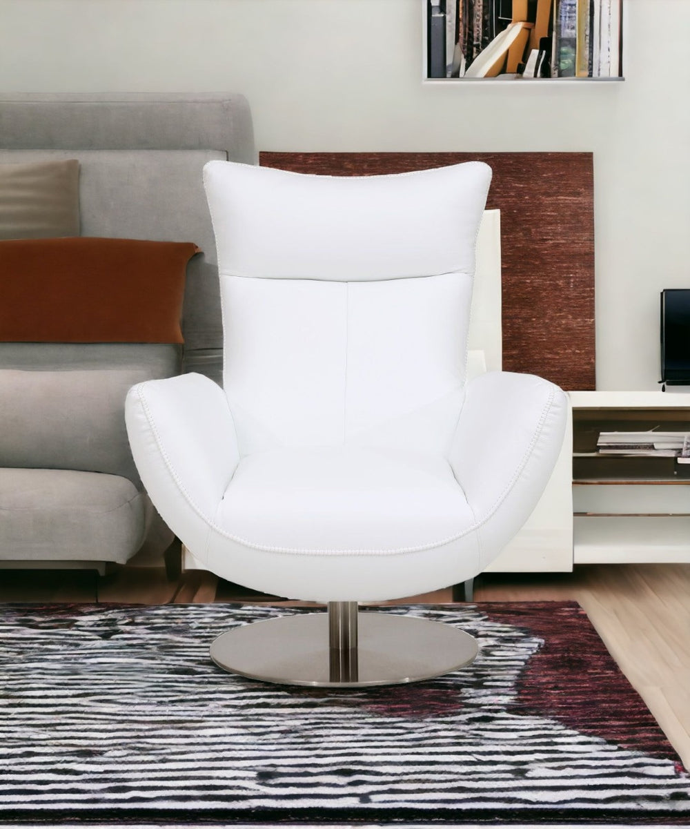 HomeRoots 37" White Genuine Leather Lounge Chair with Silver Accents - Modern Comfort for Any Space 329696