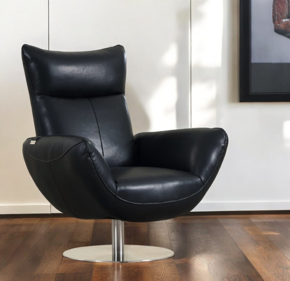 HomeRoots 37" Black and Silver Genuine Leather Lounge Chair - Stylish, Durable Comfort for Modern Spaces 329697