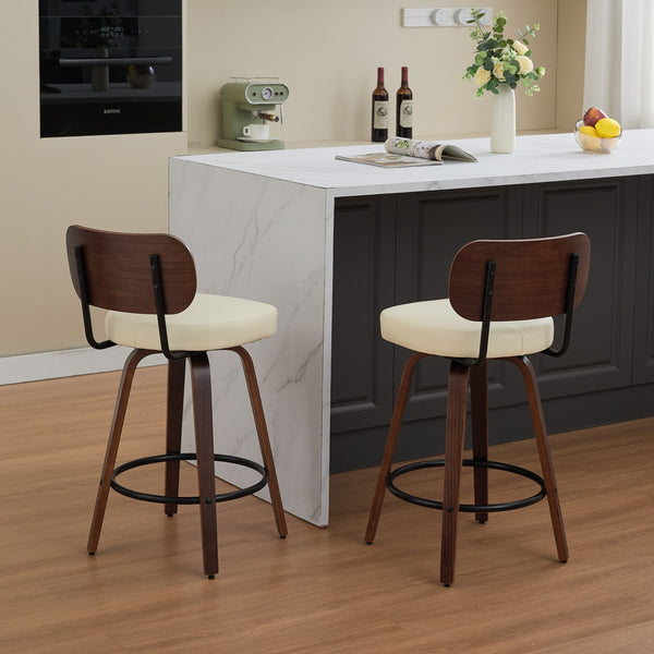 English Elm Swivel 26" Upholstered Counter Stools Set of 2 with Walnut Bentwood Back, PU Comfort Seat & Swivel Footrest Beige W1143P300154