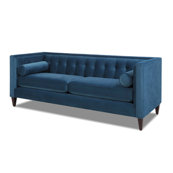 English Elm Jennifer Taylor Home - Jack 84" Modern Tuxedo Tufted Sofa in Plush Velvet with Shelter Arms, Reversible Cushions, Pillows Blue B2719P238406