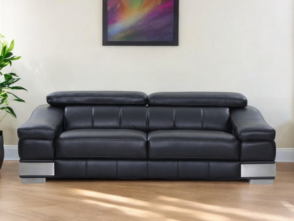 Homeroots 92" Black Italian Leather Sofa With Silver Legs Black  329713
