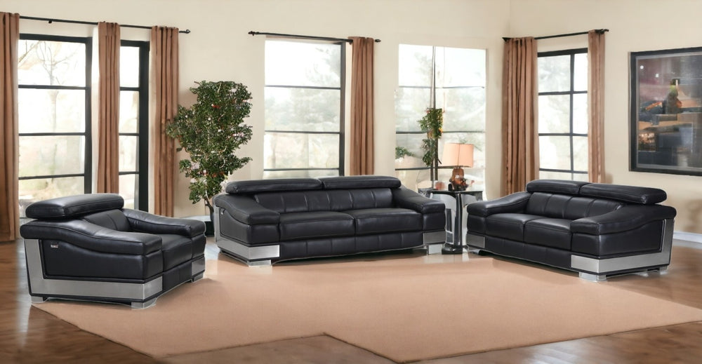 HomeRoots Three Piece Indoor Black Italian Leather Seating Set for 6 - Contemporary Comfort & Style 329716