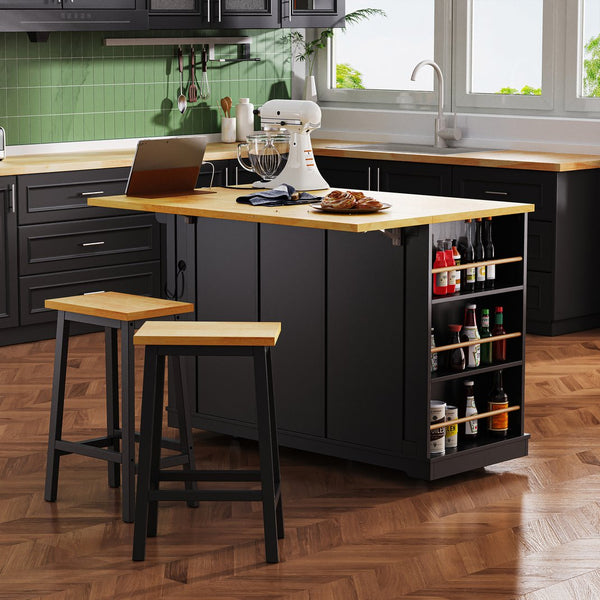 English Elm K&K 53" Large Kitchen Island Cart with Power Outlet, Drop Leaf, Soft-Close Doors, Rolling Storage Black N707P185531B