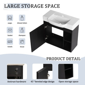 English Elm 24'' Floating Wall Mounted Bathroom Vanity with Ceramic Sink and Soft Close Cabinet Dark Oak W999P426634