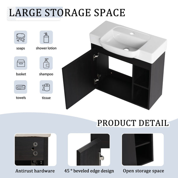English Elm 24'' Floating Wall Mounted Bathroom Vanity with Ceramic Sink and Soft Close Cabinet Dark Oak W999P426634