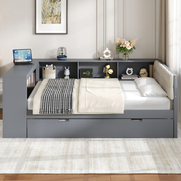 English Elm Wood Twin Platform Bed Linen Headboard Storage Shelves Trundle Charging Station Gray N709P004024E