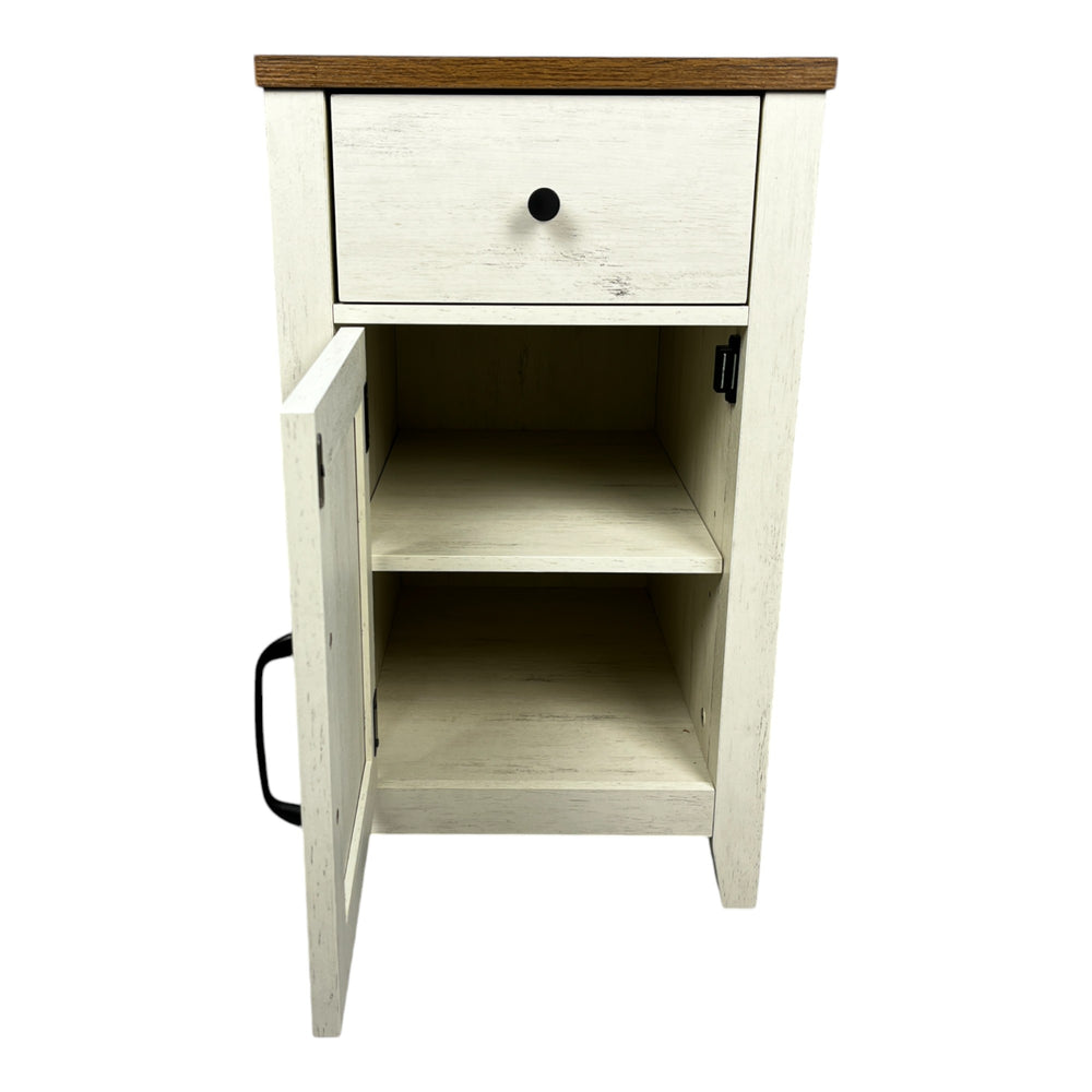 English Elm Farmhouse Nightstand with Charging Station and Barn Door Drawer — USB-C, AC Outlets, Compact Storage Brown+White W1412P230407