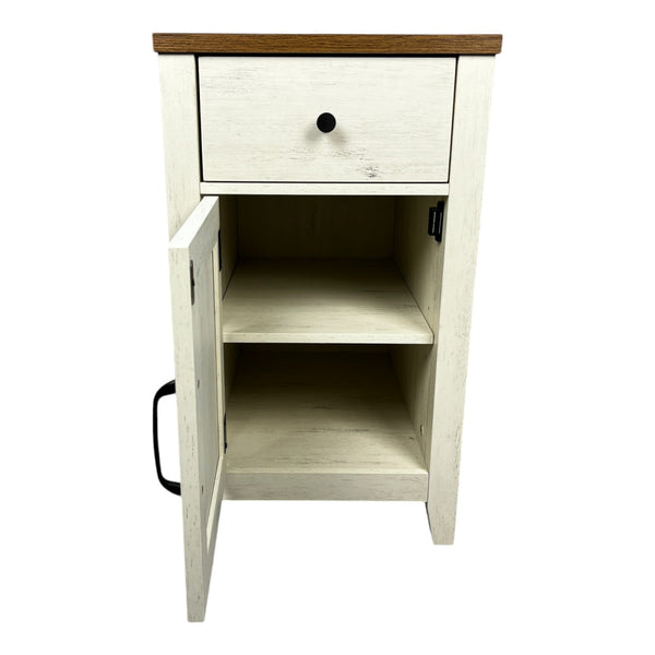 English Elm Farmhouse Nightstand with Charging Station and Barn Door Drawer — USB-C, AC Outlets, Compact Storage Brown+White W1412P230407