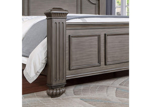 English Elm Queen Panel Bed with Floral Paneled Headboard and Antique Brass Accents, Elegant Contemporary Design Gray 67 L x 50 W x 6 H B2741S00048