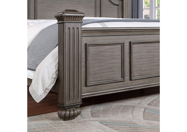 English Elm Queen Panel Bed with Floral Paneled Headboard and Antique Brass Accents, Elegant Contemporary Design Gray 67 L x 50 W x 6 H B2741S00048