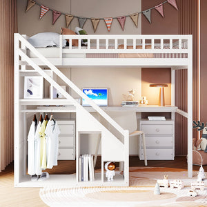 English Elm Full Size Loft Bed with Desk Drawers Led Strip and Staircase for Teen Rooms White LT000258AAK-1