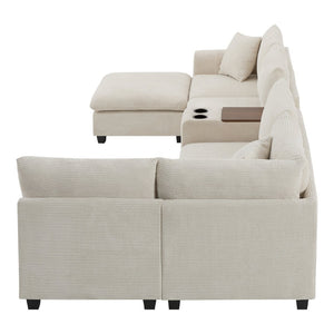 English Elm 139'' U-shaped Corduroy Sectional with Ottoman Console Usb Port and Cup Holders for Living Beige N723S1166A