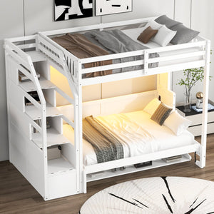 English Elm Full XL Loft Bed with Storage Staircase & Murphy Bed, Solid Pine, LED Light, Space-Saving White N7090004017K