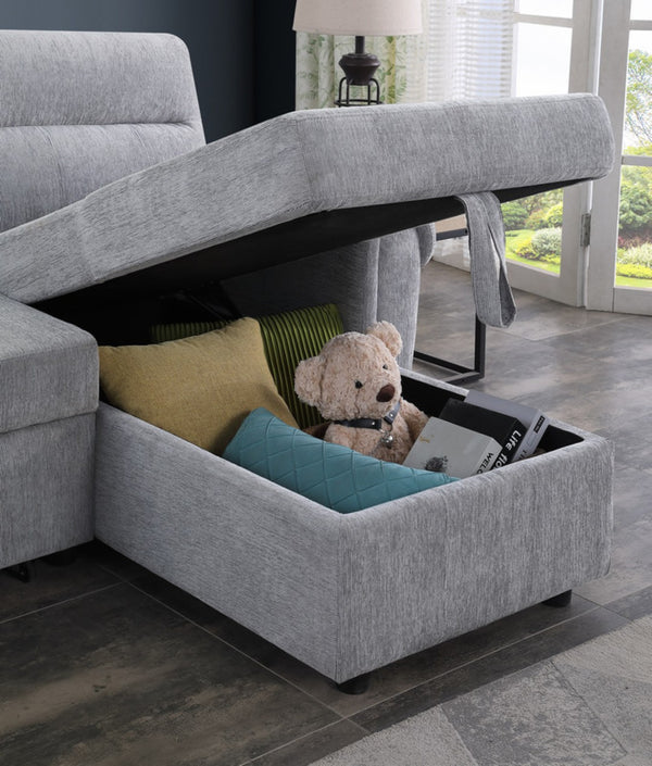 English Elm Ugo Chenille Sleeper Sectional Sofa with Storage Chaise and Built-in Usb Charging Ports Light Gray B2749S00070