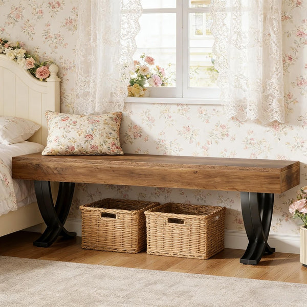 English Elm Plant Bench with X-frame Steel Legs Wood-look Top for Entryway or Bedroom Foot T3971P457935