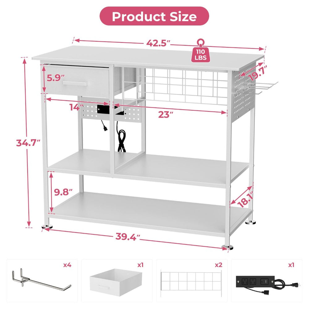 English Elm Large Metal Craft Workbench with Vinyl Roll Storage Charging Station and Pegboard W3190P416748