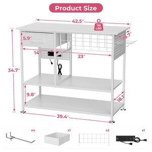 English Elm Large Metal Craft Workbench with Vinyl Roll Storage Charging Station and Pegboard W3190P416748