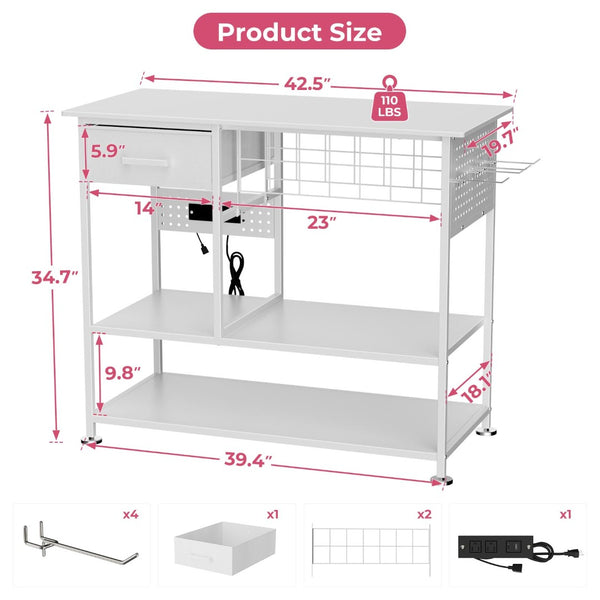 English Elm Large Metal Craft Workbench with Vinyl Roll Storage Charging Station and Pegboard W3190P416748