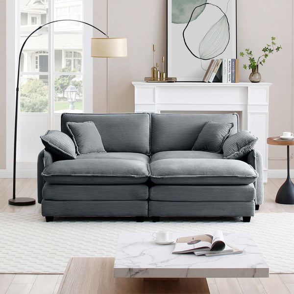 English Elm Two-Seater Theater Sofa In Grey Corduroy With Ottoman – Chic, Space-Saving Comfort For Small Spaces W714S00751-GIGA