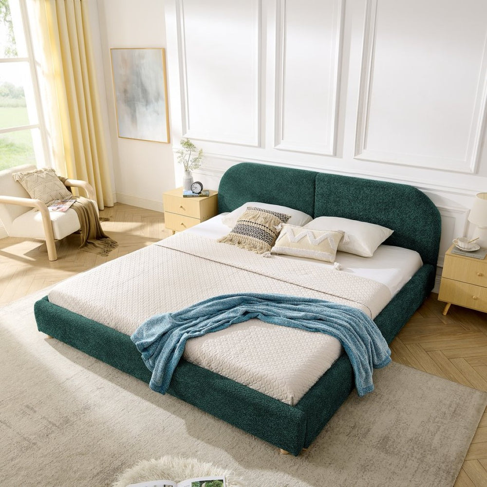 English Elm King Platform Bed Fully Upholstered in Plush Chenille with Low Profile Modern Frame Green W487S00475
