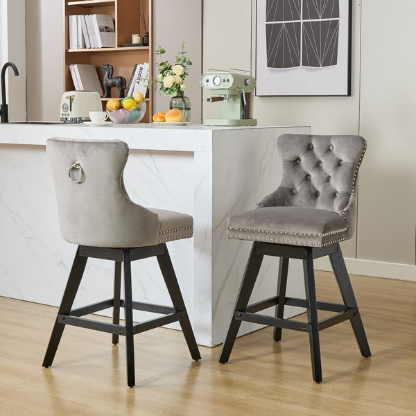 English Elm Swivel Velvet Barstools with Tufted Button Back, 360° Rotate, Plush Foam & Rubberwood Frame Gray W1143P241330
