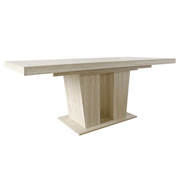 English Elm Rectangular extendable dining table with veined travertine top, beige MDF, sturdy wide feet, 6-10 seats W1347S00018