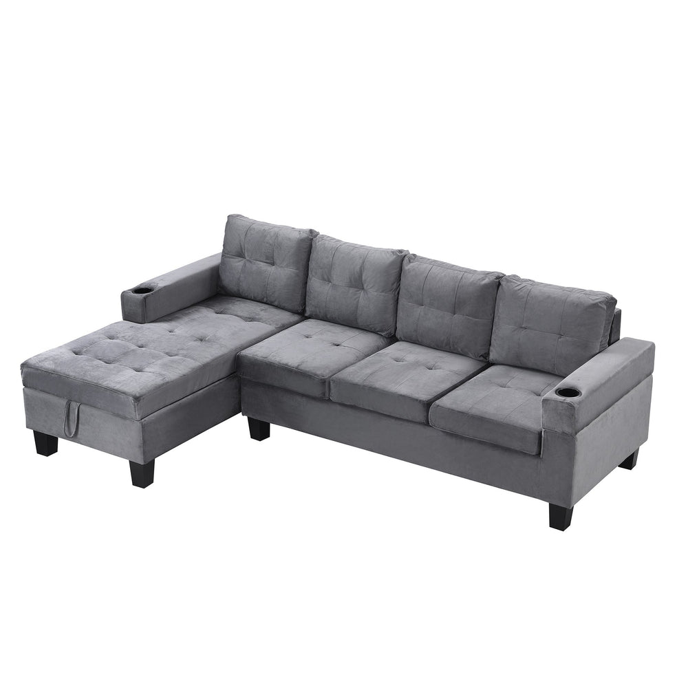 English Elm Sectional PU Sofa Set with L-Chaise, Built-In Cup Holders, Thick Foam Cushions, Modern 4-Seater Comfort Grey 69.29 L x 33.46 W x 13.78 H W2297S00011